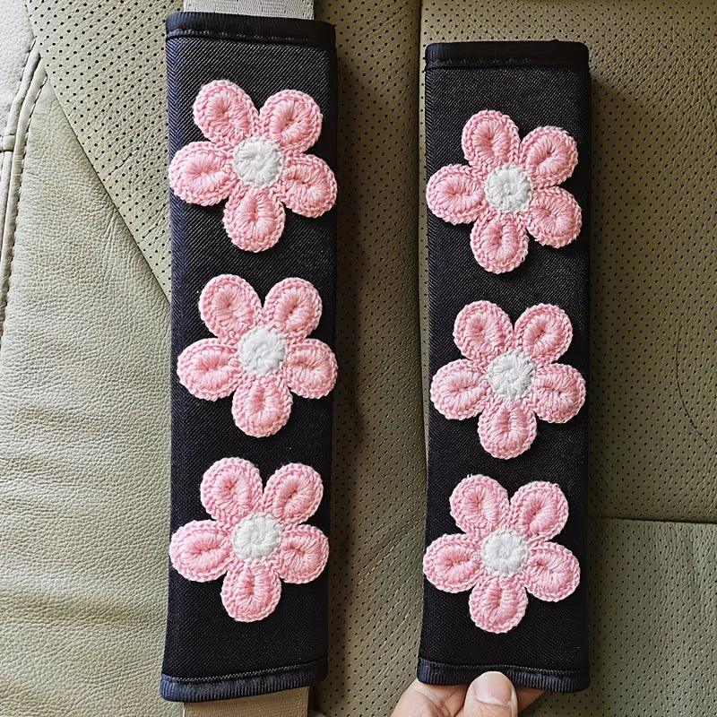 Ice Silk Pink Flower Seat Belt Shoulder Pads - 2pcs Car Safety Set