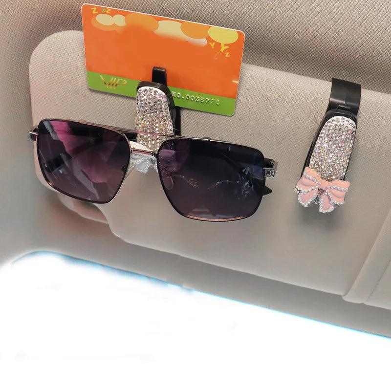 Rhinestone Bowknot Car Sunglasses Holder Visor Mount Clip