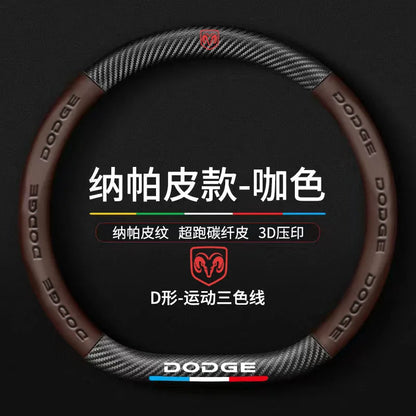 Dodge and RAM Leather Steering Wheel Cover - D Shape / Brown
