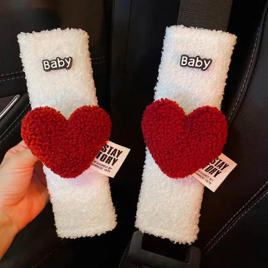 Red Heart Plush Car Seat Belt Shoulder Pad Cover - Soft Comfort