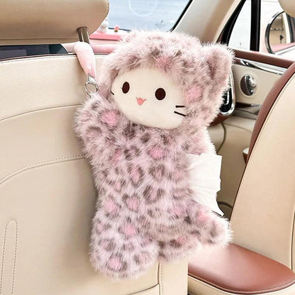Leopard Print Cat Plush Universal Car Tissue Holder Hanging Doll