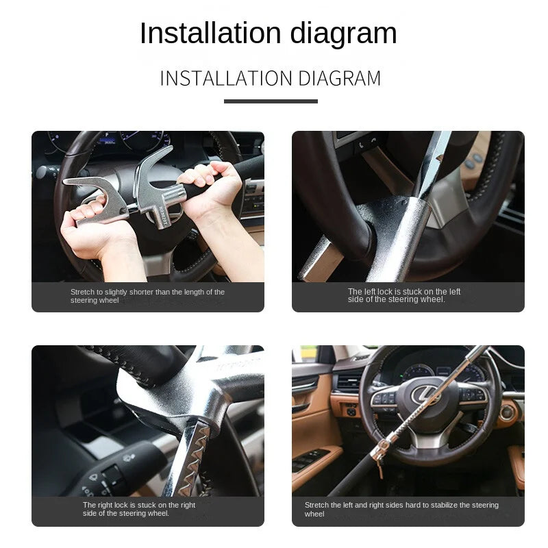 Steering Wheel Lock Anti-Theft Device Adjustable Double Hook Retractable Clamp
