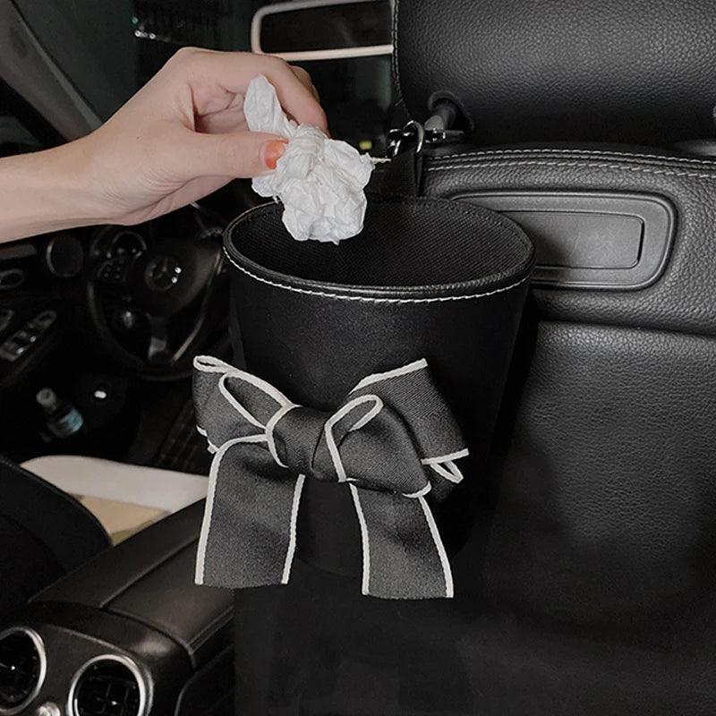 Waterproof Bowknot Car Trash Bin - Headrest Mount Mini Auto Organizer