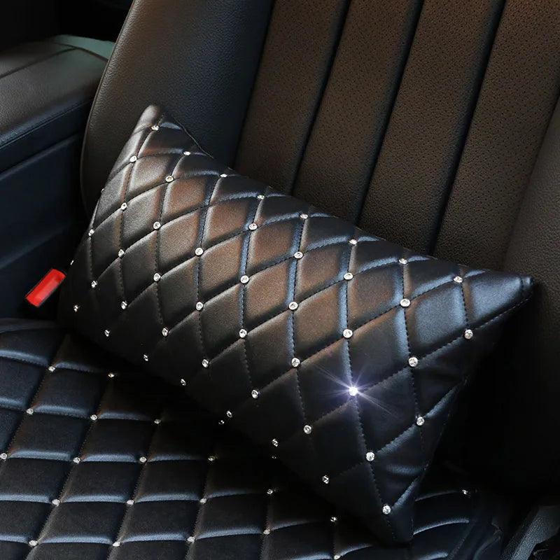 Bling Rhinestone Car Neck Pillow PU Leather Crystal Headrest Support