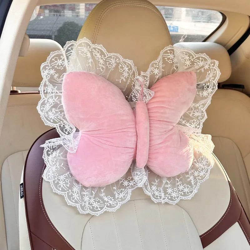 Plush Bow Lace Car Headrest Pillow - Soft Neck Support Cushion