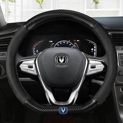 Carbon Fiber Leather Steering Wheel Cover with 3D Logo – Fits CS75 PLUS, CS95, CS35, Alsvin, CS15, CS55, Eado - Round