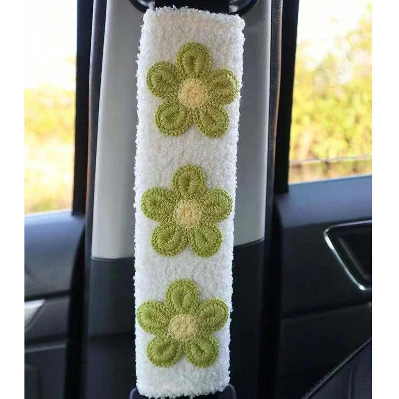 Plush Flower Seat Belt Shoulder Pads - 2pc Women's Car Interior