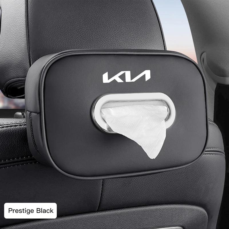 KIA Leather Tissue Box Holder & Back Seat Storage Bag - Black