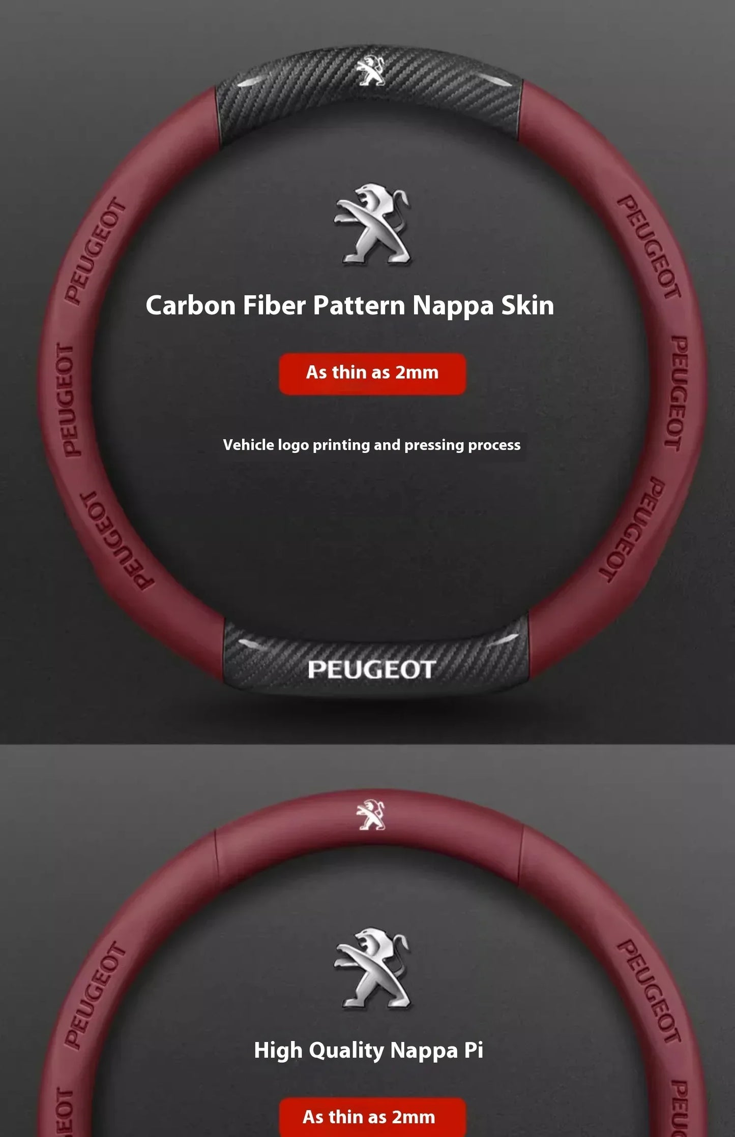 Peugeot Carbon Fiber Leather Steering Wheel Cover - Red Leather