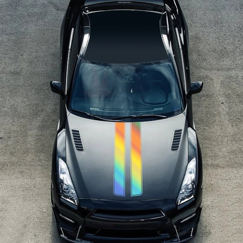 Sports Racing Hood Stripe Sticker – Waterproof PVC Self-Adhesive Car Vinyl Decal - Colorful Laser