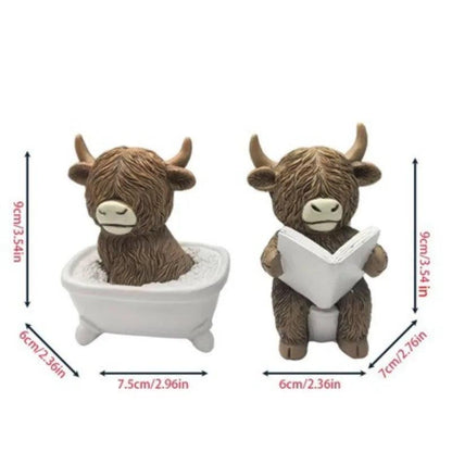 Scottish Highland Cow Resin Car Dashboard Figurine - Bathing Reading