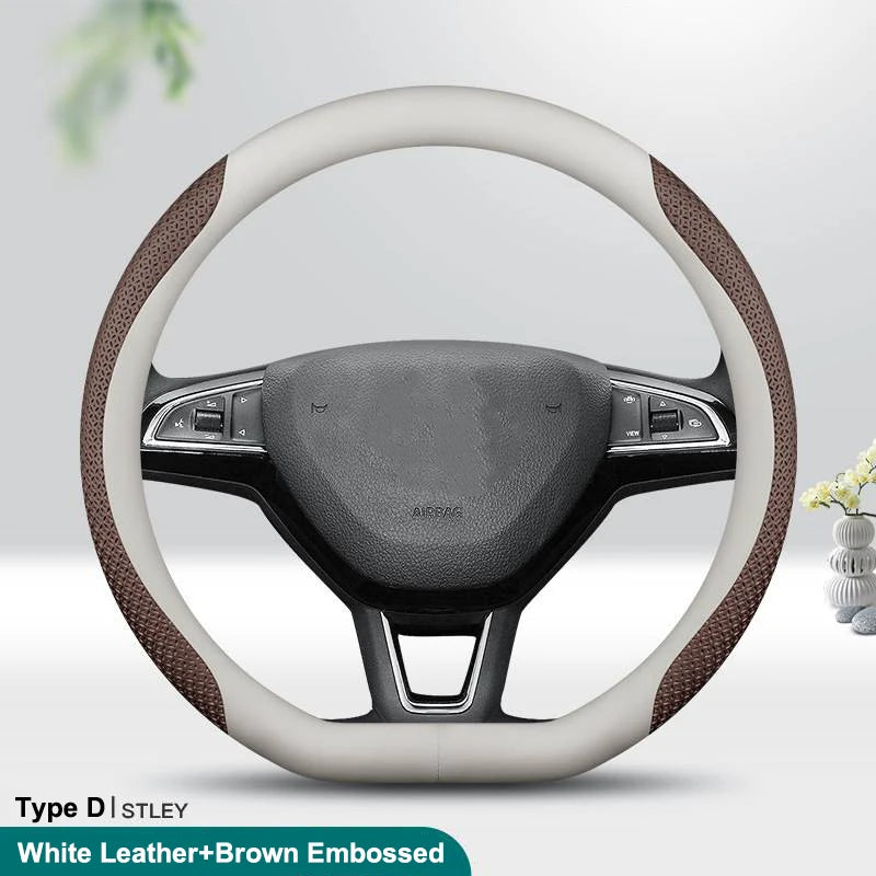 PU Leather Universal Steering Wheel Cover - D Shape / Brown Embossed