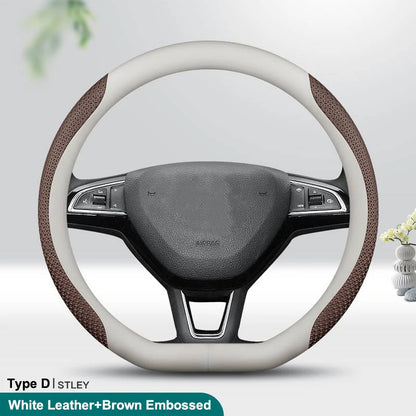 PU Leather Universal Steering Wheel Cover - D Shape / Brown Embossed