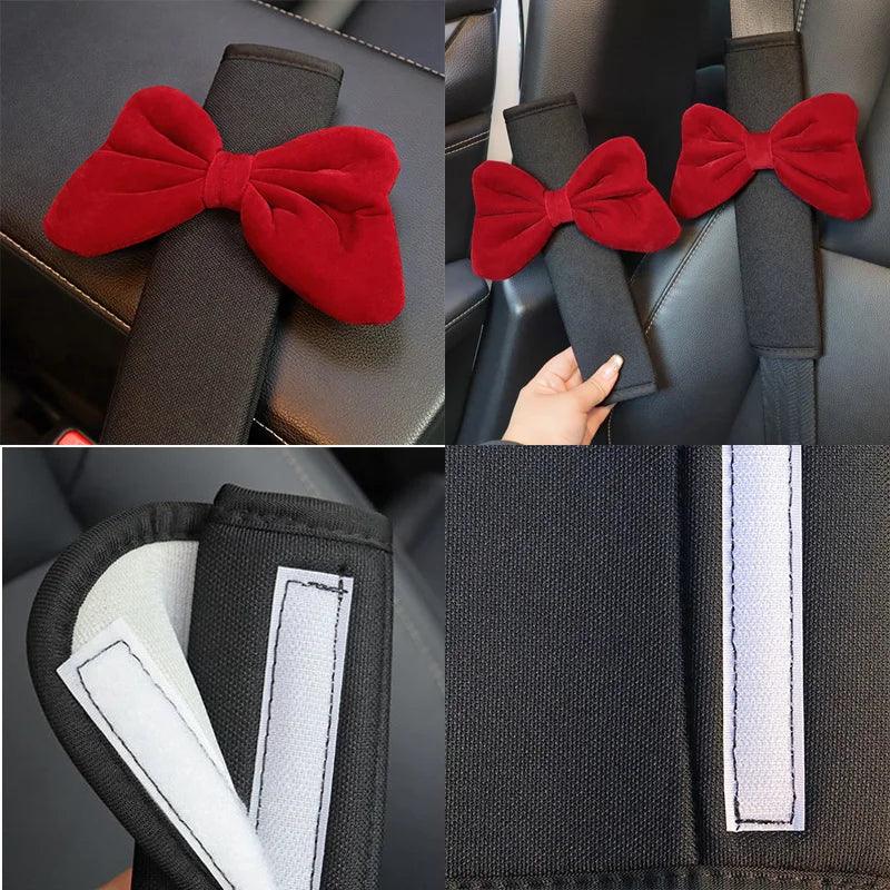 Ice Silk Car Neck Pillow Red Bow Design Universal Headrest Support