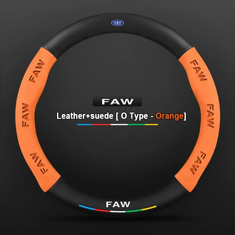 FAW Besturn Carbon Fiber Suede Steering Wheel Cover - O Orange-Leather+Suede