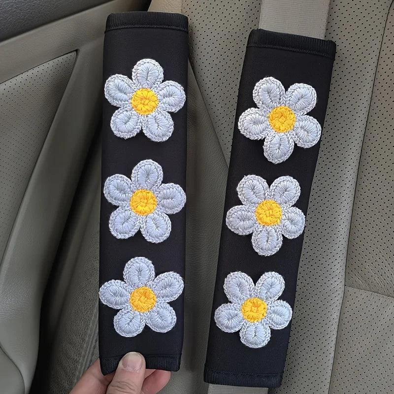 Ice Silk Flower Seat Belt Shoulder Pads - 2PC Cartoon Car Interior