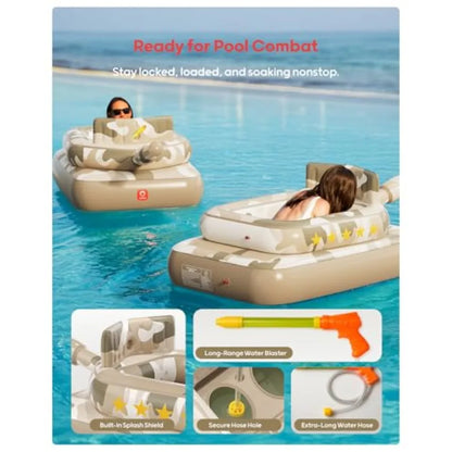 Inflatable Tank Pool Float with Water Cannon, Ride-On Camo Swim Raft