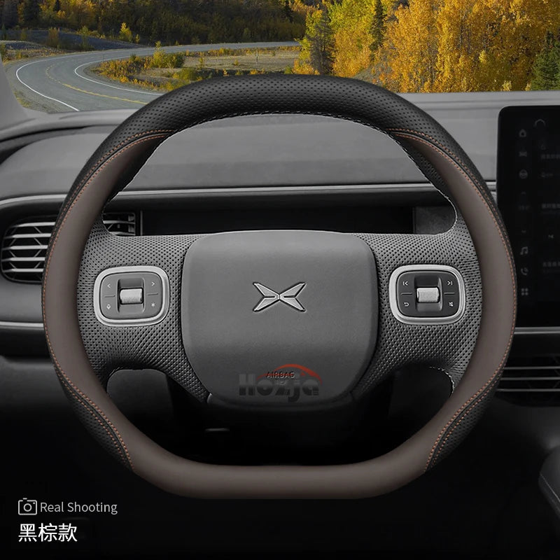 XPeng Twin-Stitch Double-D Steering Wheel Cover - Double D Shape / Brown