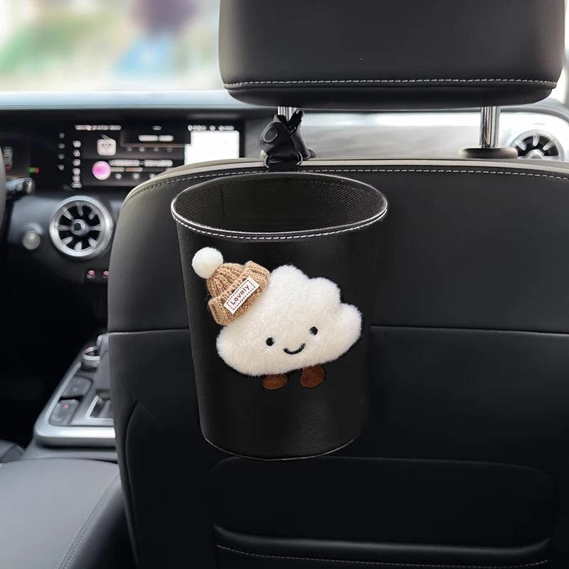 PU Leather Car Trash Bin Cartoon Cloud Design Headrest Organizer