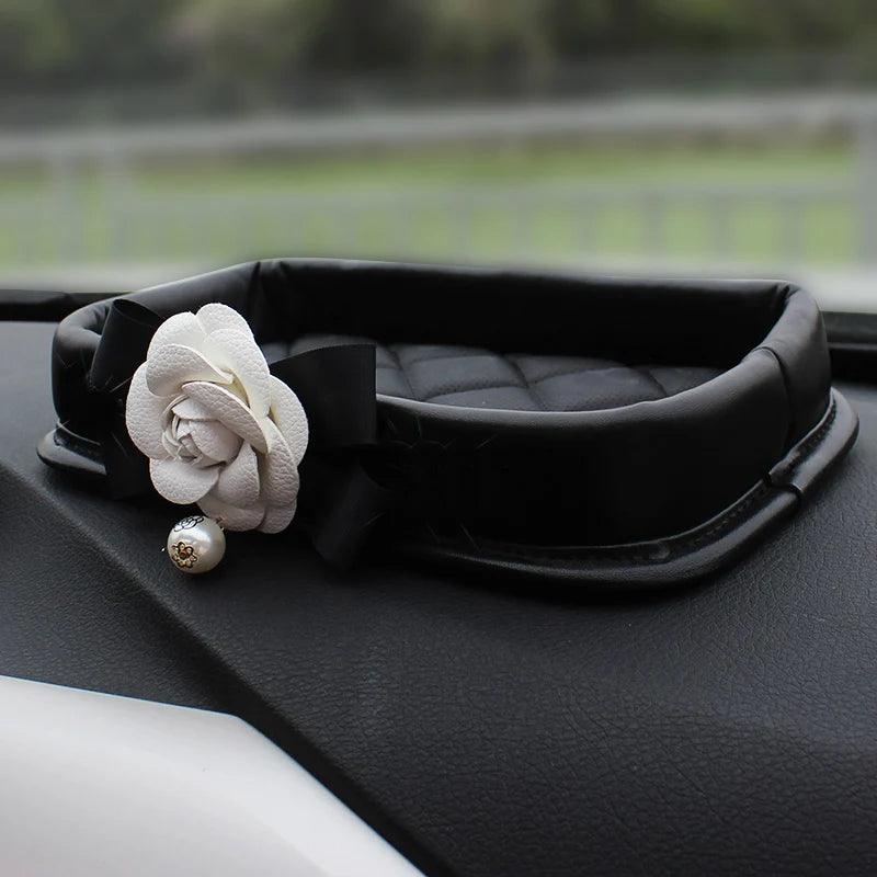 Camellia Rhinestone PU Leather Car Phone Storage Box Dashboard Organizer