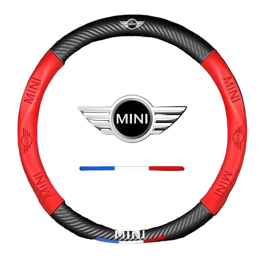 MINI steering wheel cover with red and black design on a black background