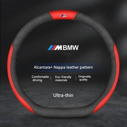BMW Carbon Fiber Suede Leather Steering Wheel Cover for M Series , X1, X3, X5, X6, E39, E46, E87, E90, E92, F10, F15, F25, F30 - O-M Style B black