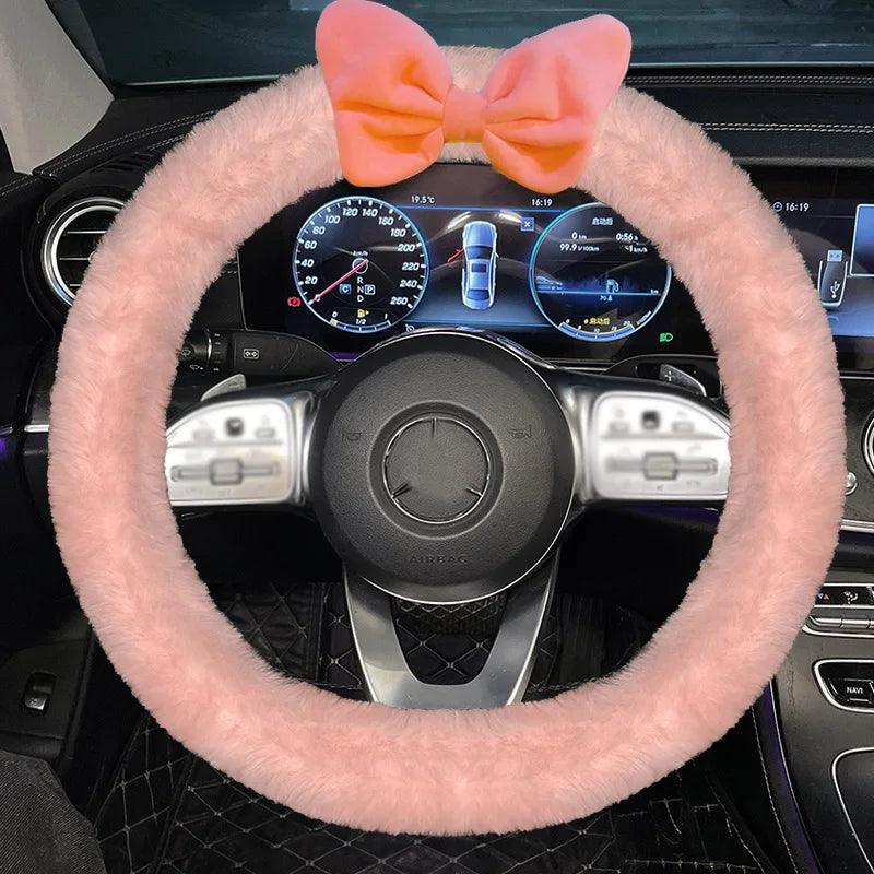 Universal Plush Car Steering Wheel Cover Red Bow Cute Cartoon