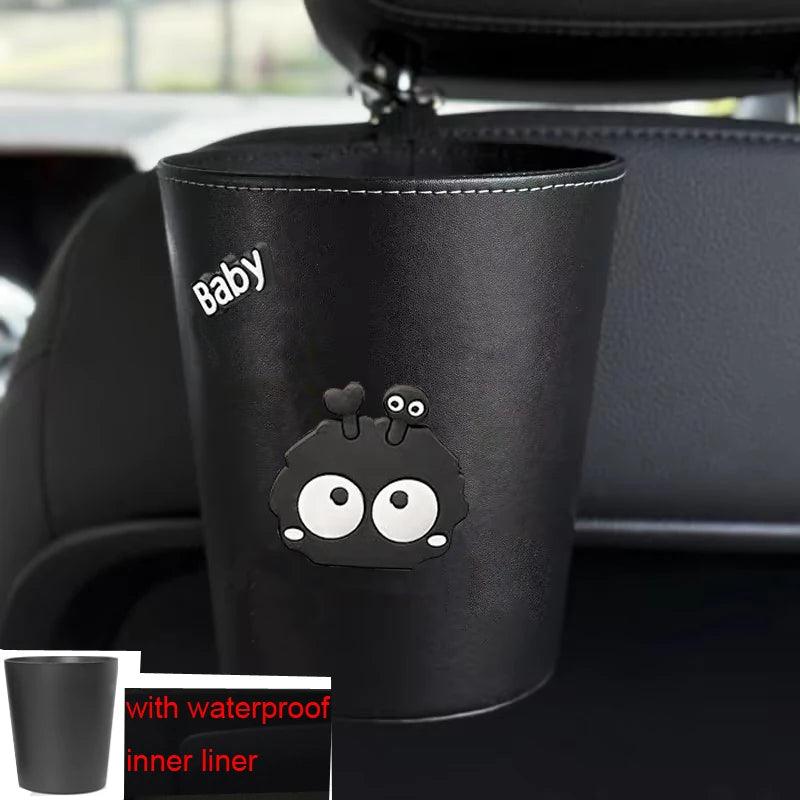 2pc Leather Car Trash Bin Cartoon Coal Ball Headrest Organizer Bag