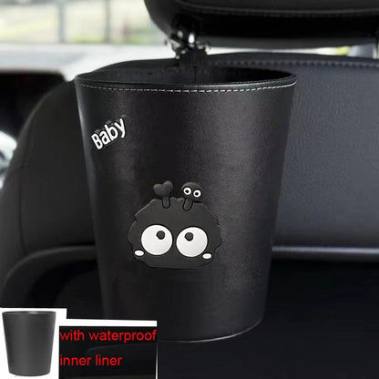 2pc Leather Car Trash Bin Cartoon Coal Ball Headrest Organizer Bag