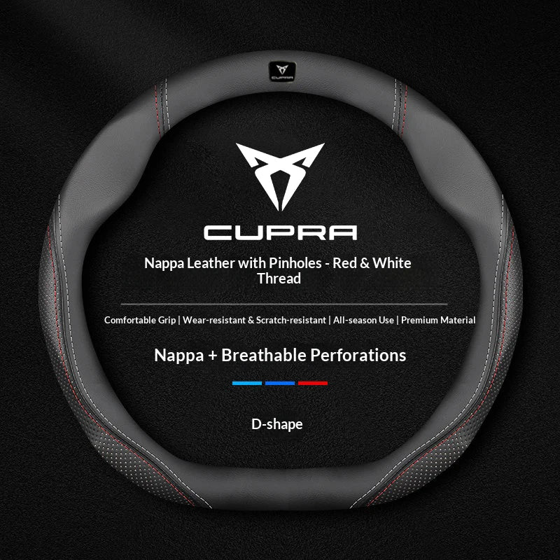 Cupra Suede and Leather Steering Wheel Cover - Round Shape / Leather Red & White (Style 2)