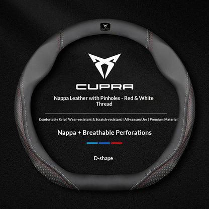 Cupra Suede and Leather Steering Wheel Cover - Round Shape / Leather Red & White (Style 2)