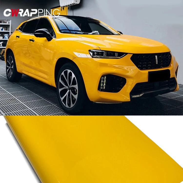 Glossy Yellow Vinyl Car Wrap Film — Waterproof Self-Adhesive