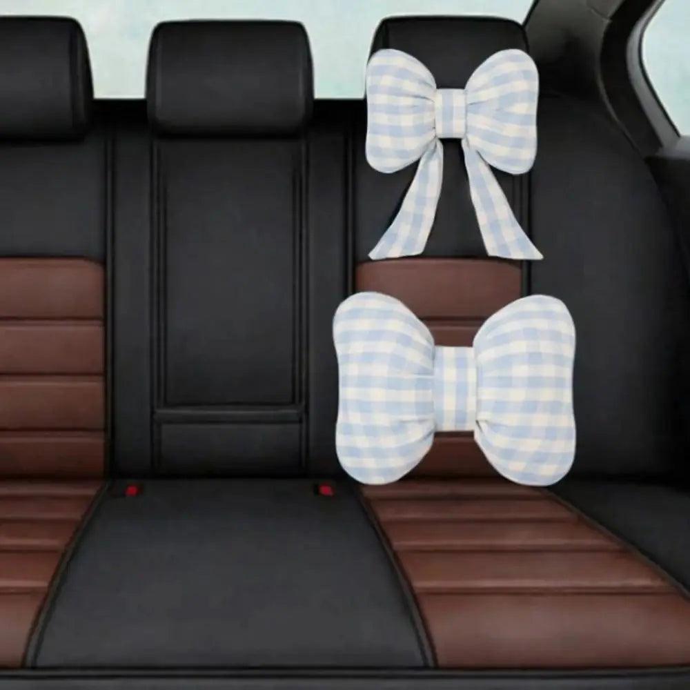 Pink Bowknot Car Neck Pillow - Grid Plaid Pattern Headrest Support