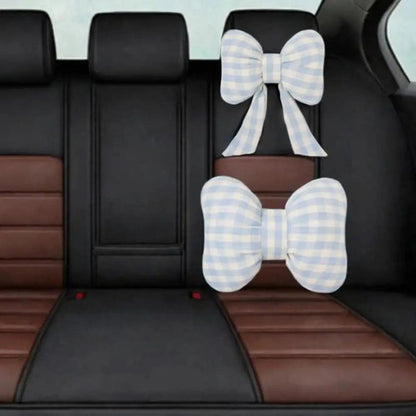 Pink Bowknot Car Neck Pillow - Grid Plaid Pattern Headrest Support