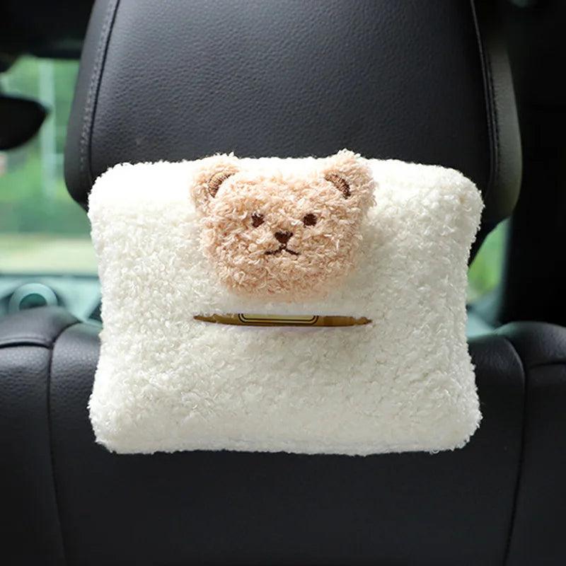 Plush Bear Car Tissue Box Holder - Headrest Hanging Napkin Organizer