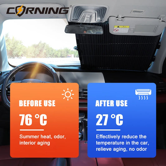 Retractable Car Windshield Sunshade with Suction Cups, Front & Rear UV Blocking Foldable Sun Shade