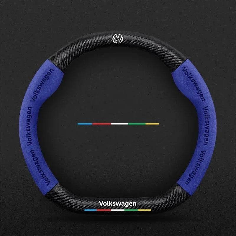Volkswagen Logo Leather Steering Wheel Cover for – Fits Golf 7, Polo, Passat B8, Tiguan, Jetta & More - O-Blue