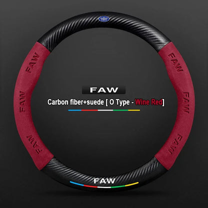 FAW Besturn Carbon Fiber Suede Steering Wheel Cover - O Red- Carbon+Suede