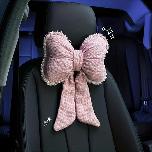 Tweed Bowknot Car Headrest Neck Pillow - Fashion Car Interior Decor