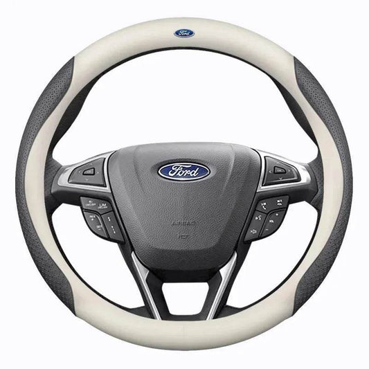 Ford Carbon Fiber Leather Steering Wheel Cover for Fits Mondeo, Focus, Raptor, F150, Fusion, Kuga & More - O White Style B