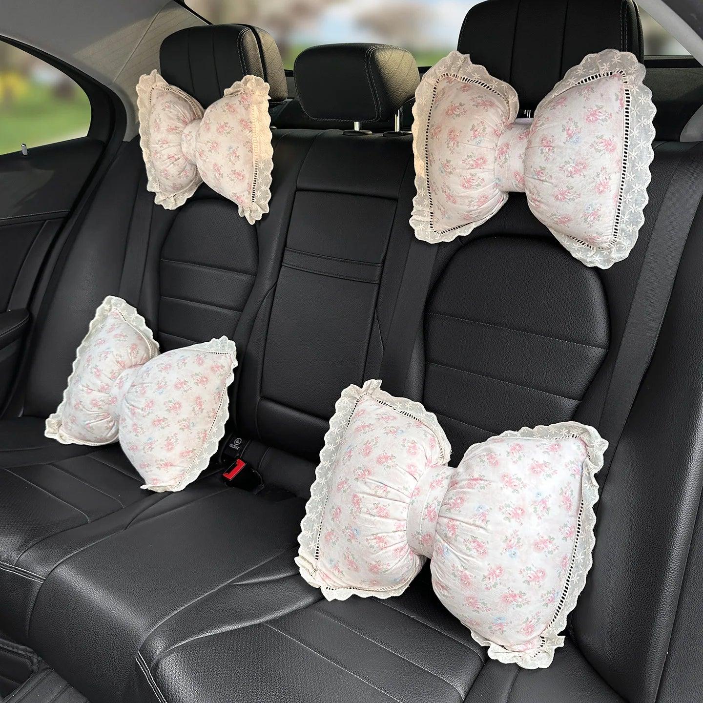 Bowknot Car Headrest Pillow Plush Neck Support Cushion Auto Seat