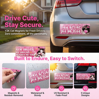 Cat New Driver Magnet Set 5Pcs – Waterproof UV-Resistant Car Decals