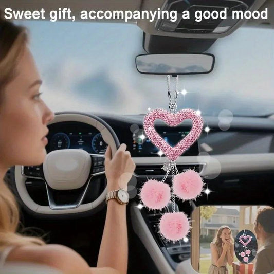 Diamond Bling Pom Pom Car Mirror Pendant - Luxury Auto Ornament Gift