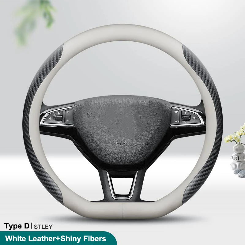 PU Leather Universal Steering Wheel Cover - D Shape / Shiny Fibres