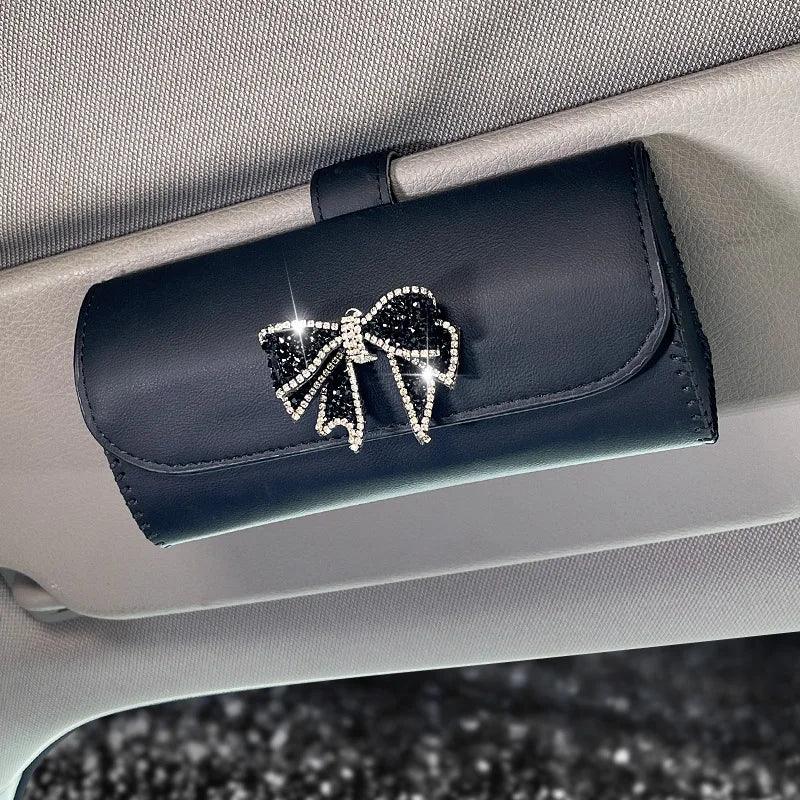 Diamond Bow Leather Car Sunglasses Holder Universal Storage Case