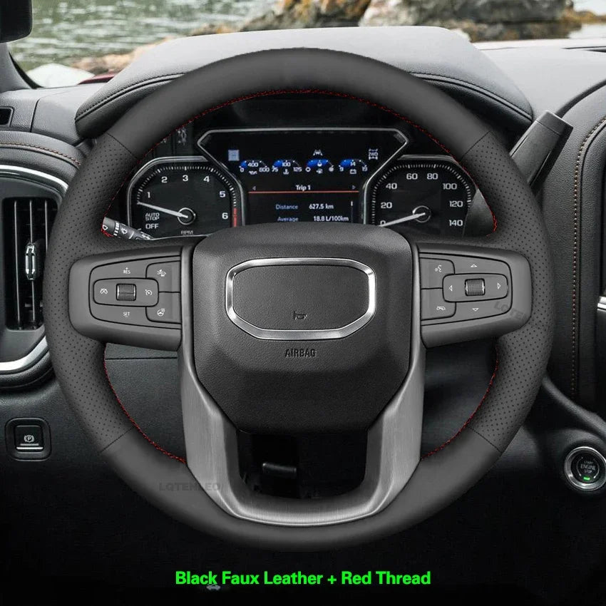 GMC Hand-Stitched Steering Wheel Cover - Round Shape / Red Thread