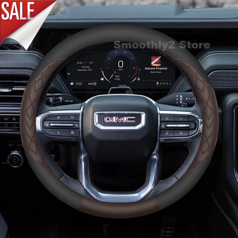 GMC Leather Steering Wheel Cover - Round Shape / Brown