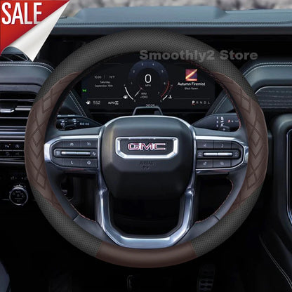 GMC Leather Steering Wheel Cover - Round Shape / Brown
