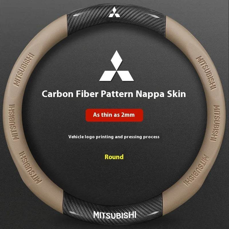 Mitsubishi Carbon Fiber Leather Steering Wheel Cover for Outlander, Pajero, ASX, Colt, Lancer EX, Evolution, L200, Triton, RALLIART - Black