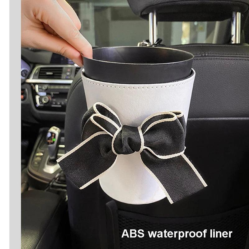 Waterproof Bowknot Car Trash Bin - Headrest Mount Mini Auto Organizer